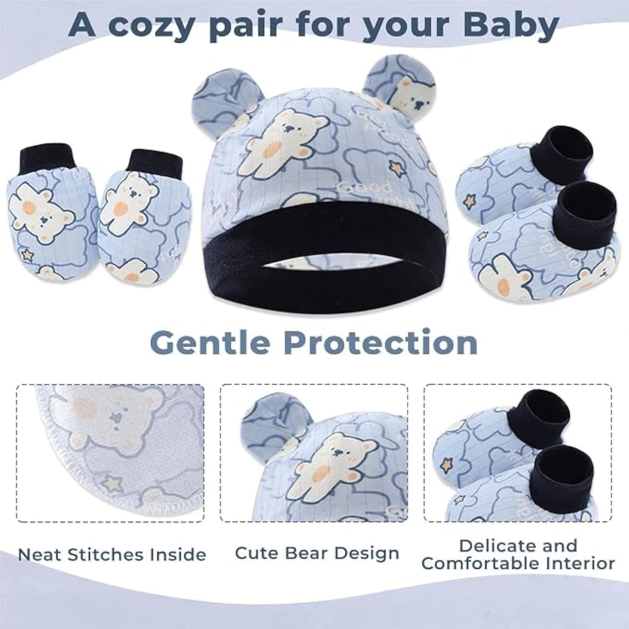Newborn Cap Mittens and Booties Set for 0-3 Months, Teddy Print